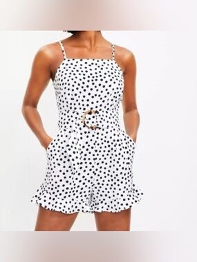 LOFT Sz 6 white + navy polka dot Shorts romper with optional belt and pockets